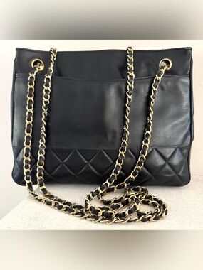 CHANEL Vintage Small Shopper Tote Shoulder Bag Black Lambskin + COA